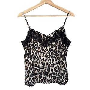 Leopard Print Camisole Tank Top Women’s Small BP Y2K Lace Trim Silky Slip V Neck